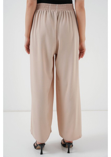 Kadın BDART Plise Detaylı Geniş Paça Krep Pantolon Krem Doğal