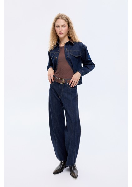 Yüksek Bel Baggy Kot Pantolon Lacivert fırsatları