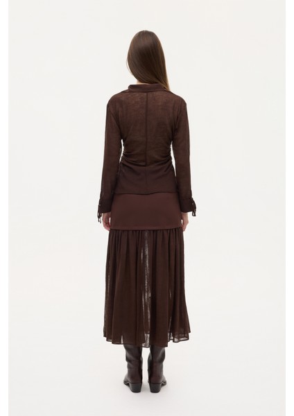 Büzgülü Bağcık Detaylı Transparan Gömlek Kahverengi indirimleri