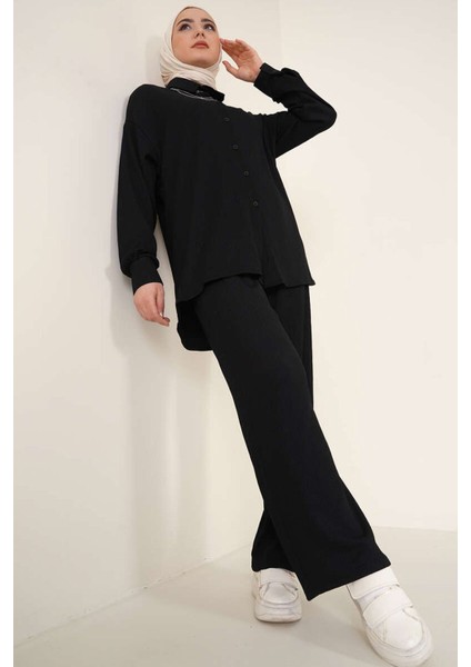 Kadın BDART Oversized Dokulu İki Parça Takım Gömlek Yaka Black