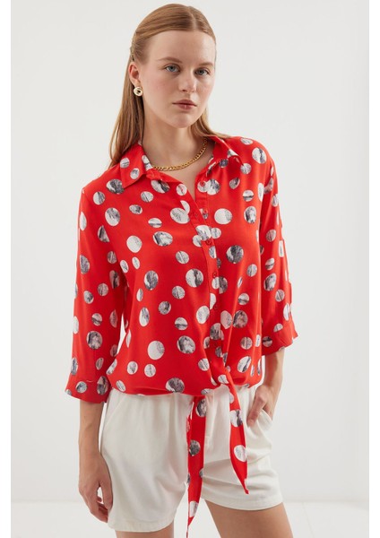 Kadın BDART Fiyonk Detaylı Desenli Viskon Gömlek Red