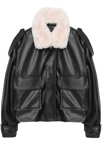 Yakası Peluş Detaylı Deri Ceket Siyah fiyatları