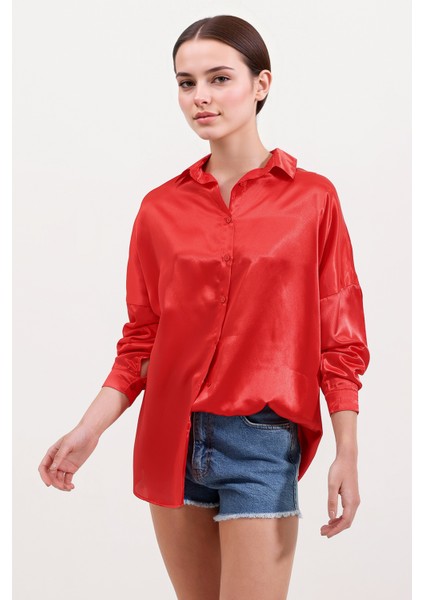 Kadın BDART Düğmeli Oversize Saten Gömlek Kırmızı