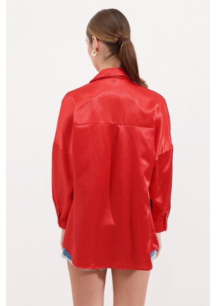 Kadın BDART Düğmeli Oversize Saten Gömlek Kırmızı modelleri