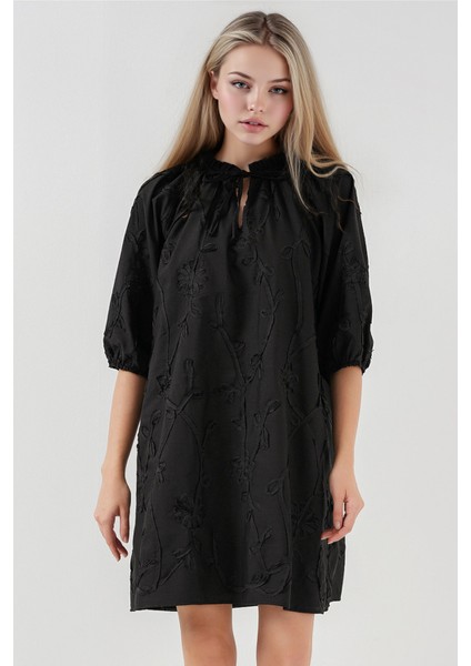 Kadın BDART Bağcıklı Dantel İşlemeli Mini Elbise Siyah