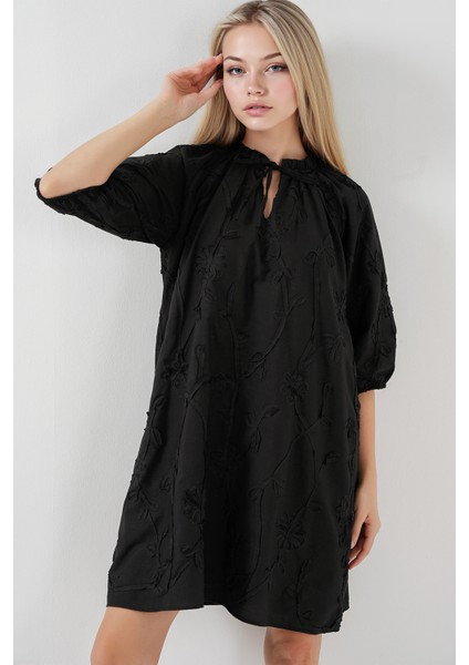Kadın BDART Bağcıklı Dantel İşlemeli Mini Elbise Siyah modelleri