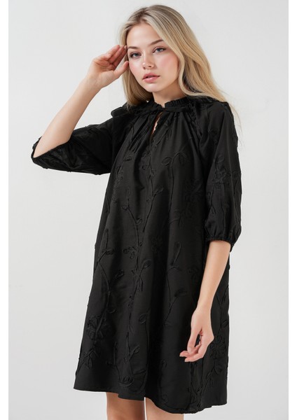 Kadın BDART Bağcıklı Dantel İşlemeli Mini Elbise Siyah fırsatları