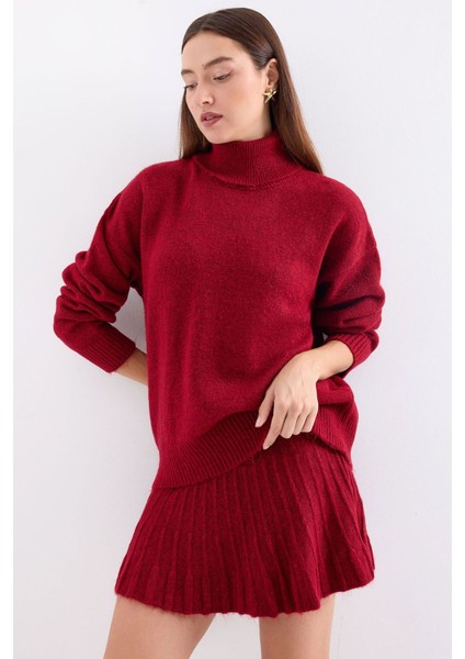 Kadın BDART Dokulu Oversize Yüksek Yaka Örme Takım Kırmızı