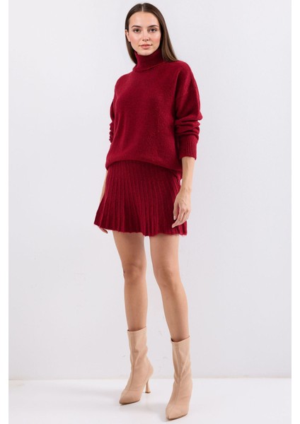 Kadın BDART Dokulu Oversize Yüksek Yaka Örme Takım Kırmızı fiyatları