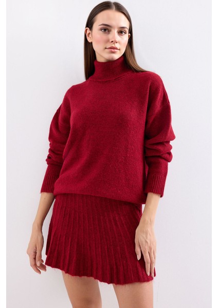 Kadın BDART Dokulu Oversize Yüksek Yaka Örme Takım Kırmızı modelleri