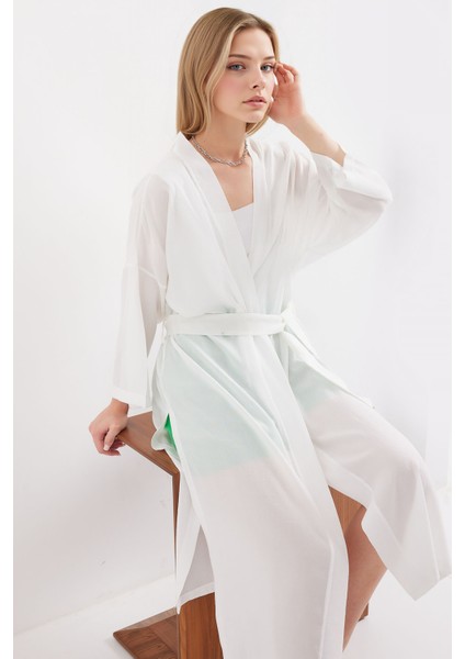 Kadın BDART Midi Pompom Şal Yaka Kimono Beyaz fırsatları