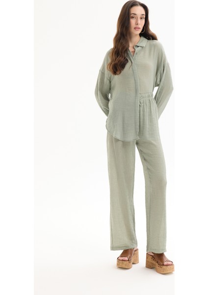 Lastikli Bel Dokulu Pantolon Haki fırsatları