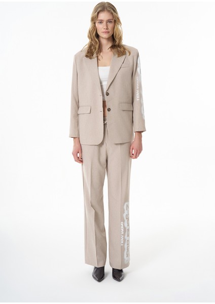 Paçası Yazılı Beli Lastikli Çizgili Pantolon Bej modelleri