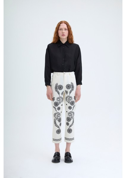 Nakış İşlemeli Yüksek Bel Pantolon Ekru fırsatları