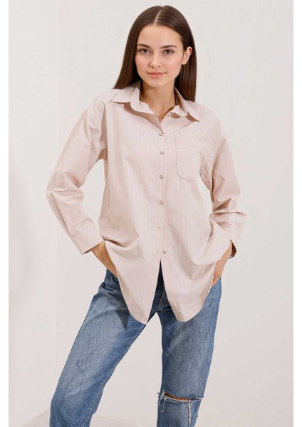 Kadın BDART Cep Detaylı, Büyük Beden, Çizgili Poplin Gömlek Natural
