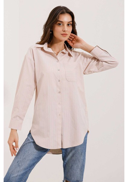 Kadın BDART Cep Detaylı, Büyük Beden, Çizgili Poplin Gömlek Natural fiyatları