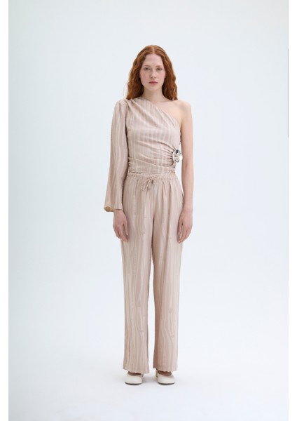 Beli Lastikli Bol Paça Dokulu Pantolon Bej modelleri