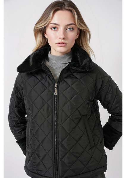 Kadın BDART Doku Desenli Şal Yaka Mont, Sahte Kürk Detaylı Black modelleri