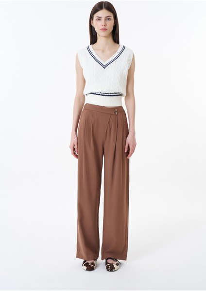 Düğme Bel Detaylı Palazzo Pantolon Kahverengi modelleri