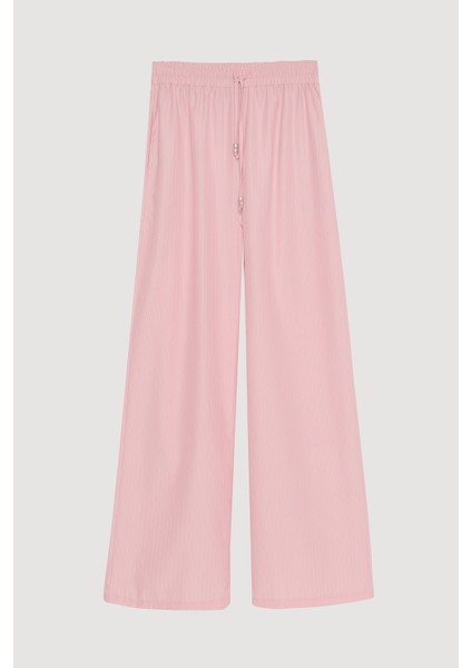 Beli Lastikli Ince Çizgili Geniş Paça Pantolon Pembe fiyatları