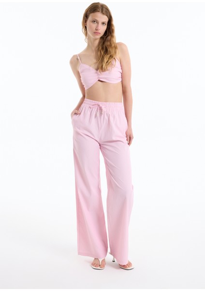 Beli Lastikli Ince Çizgili Geniş Paça Pantolon Pembe modelleri