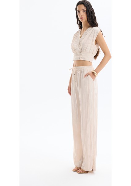 Kırışık Görünümlü Beli Lastikli Pantolon Bej modelleri