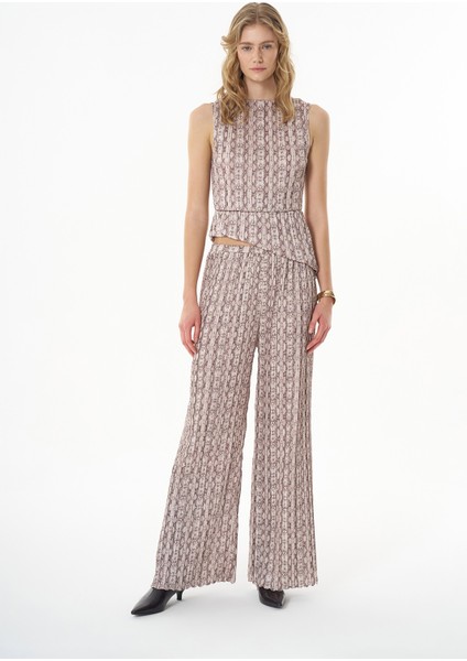 Piliseli Desenli Yüksek Bel Pantolon Bej modelleri