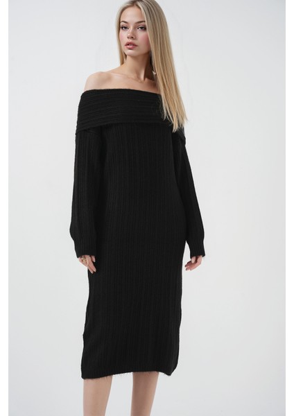 Kadın BDART Büyük Beden Ribanalı Örme Midi Elbise Madonna Yaka Black