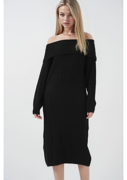 Kadın BDART Büyük Beden Ribanalı Örme Midi Elbise Madonna Yaka Black fırsatları