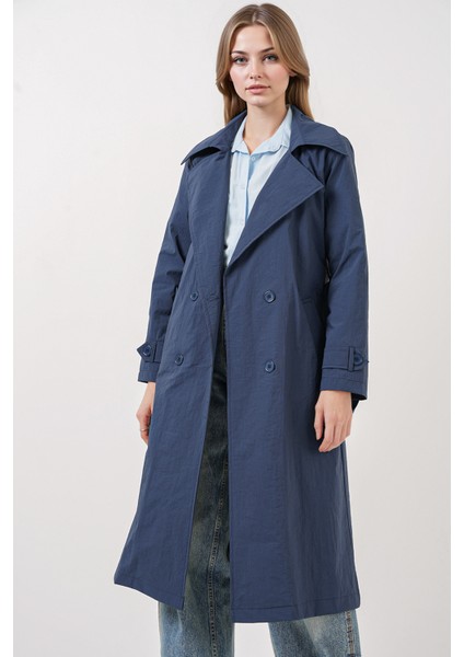 Kadın BDART Cepli Çift Düğmeli Uzun Trençkot Lacivert