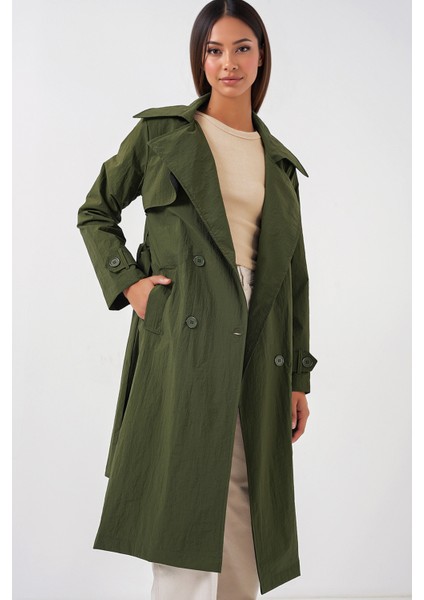 Kadın BDART Cepli Çift Düğmeli Uzun Trençkot Haki Yeşil