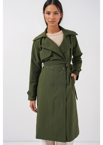 Kadın BDART Cepli Çift Düğmeli Uzun Trençkot Haki Yeşil modelleri