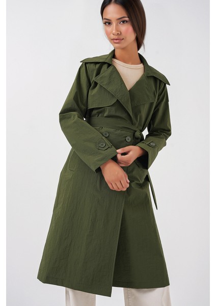 Kadın BDART Cepli Çift Düğmeli Uzun Trençkot Haki Yeşil fırsatları