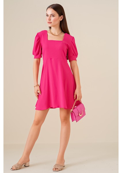 Kadın BDART Desenli Kare Yaka Mini Triko Elbise Macenta Pembesi fiyatları