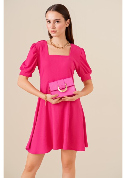 Kadın BDART Desenli Kare Yaka Mini Triko Elbise Macenta Pembesi modelleri