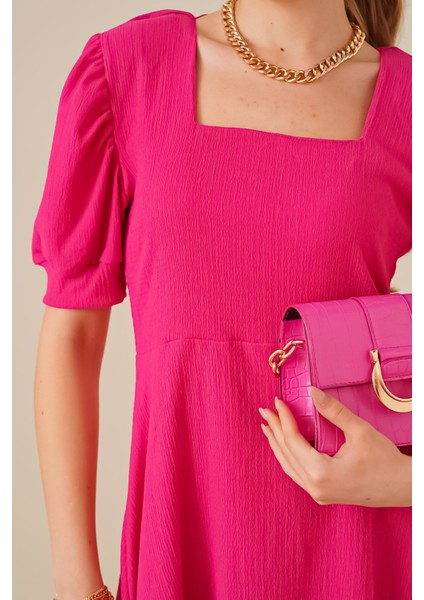 Kadın BDART Desenli Kare Yaka Mini Triko Elbise Macenta Pembesi fırsatları