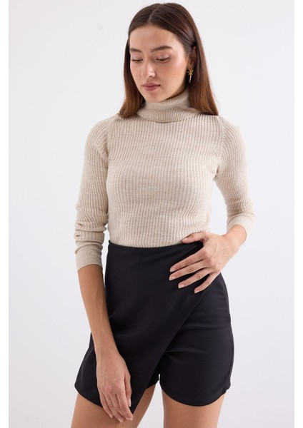 Kadın BDART Dokulu Yüksek Yaka Dar Triko Taş Doğal