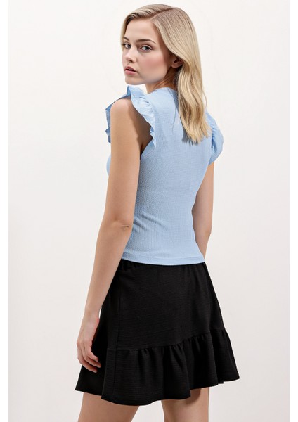 Kadın BDART Nakışlı Dokulu Yuvarlak Yakalı Bluz Maya Mavisi modelleri