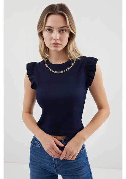 Kadın BDART Nakışlı Dokulu Yuvarlak Yakalı Bluz Lacivert