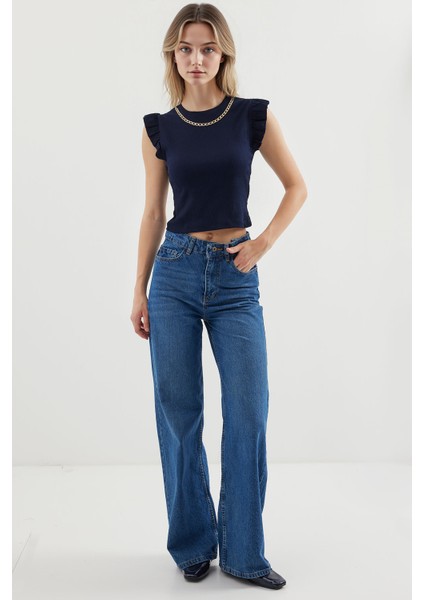 Kadın BDART Nakışlı Dokulu Yuvarlak Yakalı Bluz Lacivert fiyatları