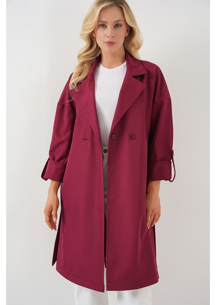 Kadın BDART Desenli Polyester Trençkot, Şal Yaka Bordo Kırmızı