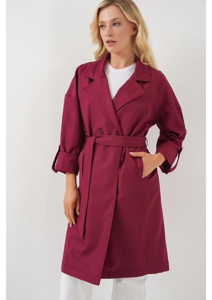 Kadın BDART Desenli Polyester Trençkot, Şal Yaka Bordo Kırmızı modelleri