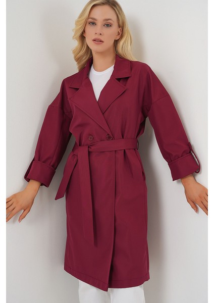 Kadın BDART Desenli Polyester Trençkot, Şal Yaka Bordo Kırmızı fırsatları