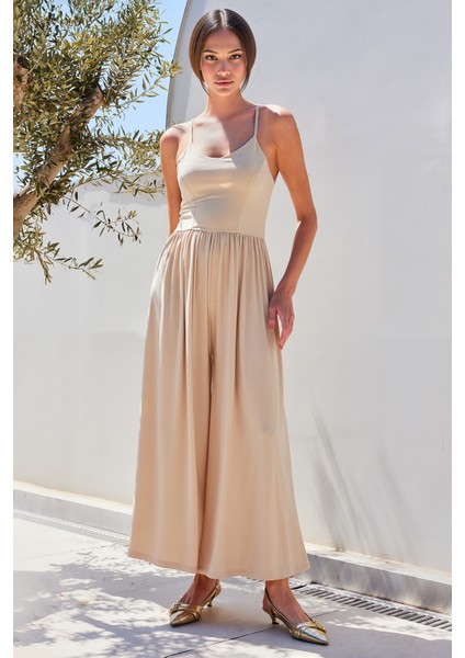 Kadın BDART Rahat Kesim U Yaka Geniş Paça Jumpsuit Bej Doğal
