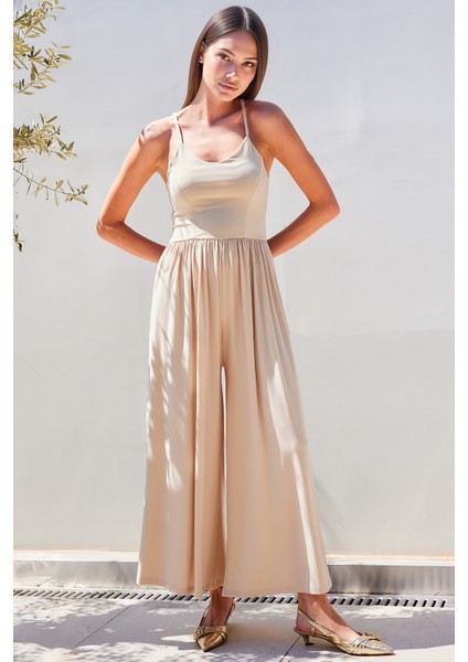 Kadın BDART Rahat Kesim U Yaka Geniş Paça Jumpsuit Bej Doğal fiyatları