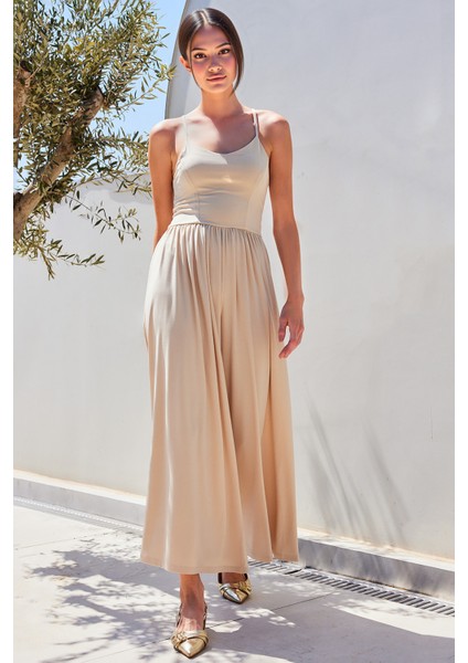 Kadın BDART Rahat Kesim U Yaka Geniş Paça Jumpsuit Bej Doğal modelleri