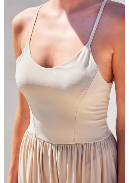 Kadın BDART Rahat Kesim U Yaka Geniş Paça Jumpsuit Bej Doğal fırsatları