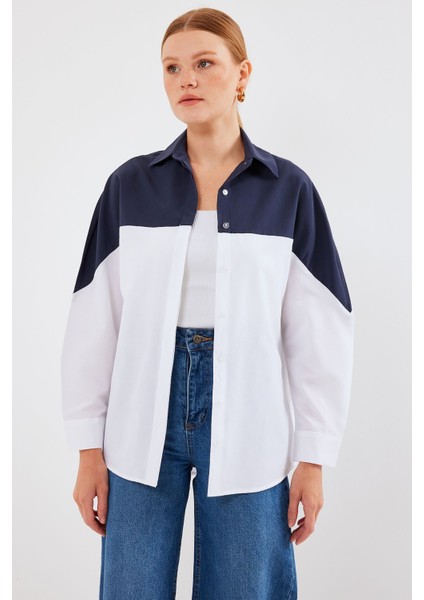 Kadın BDART Büyük Beden İki Renkli Poplin Gömlek Lacivert fırsatları