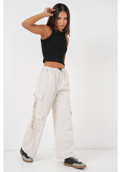 Kadın BDART İpli Rahat Geniş Paça Pamuklu Pantolon Natural