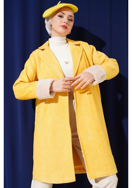 Kadın BDART Şal Yaka Kaşmir-Akrilik Herringbone Desenli Kaban Limon Sarısı